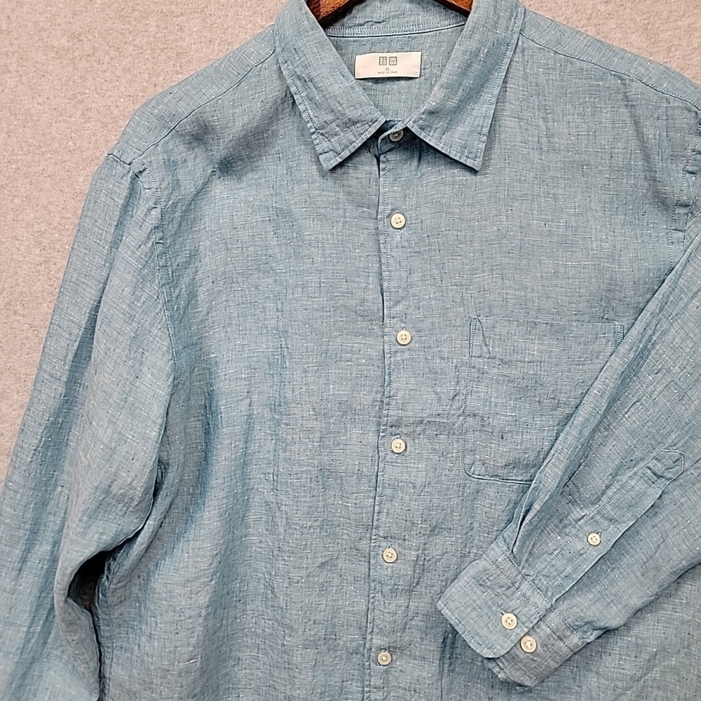 UNIQLO Light Blue 100% Linen Long Sleeve Button Up Shirt Men's Size XL